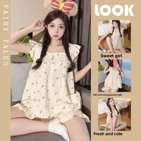 Pajamas Girl Summer Sweet Heart Vest Suspenders Cartoon Cherry Print Sleeveless Shorts Student Sleepwear Women Cotton 2PCS/Set