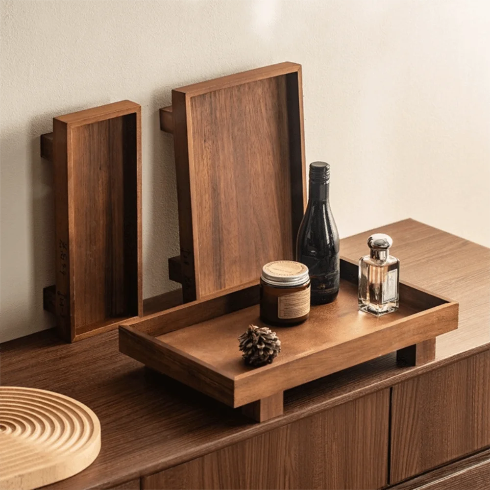 

High-end High Feet Japanese Style Wooden Tray Rectangular Solid Wood Jewelry Storage Plate Retro Stable Dessert Tray Tea Table
