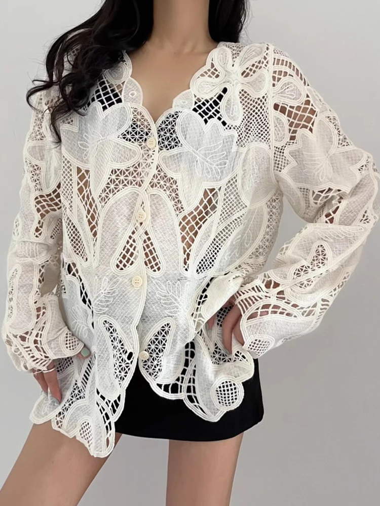 

2025 New Women's Spring Summer Elegant Blouses Hook Flower Hollow Solid Color V-Neck Fashion Design Long Sleeve Shirts