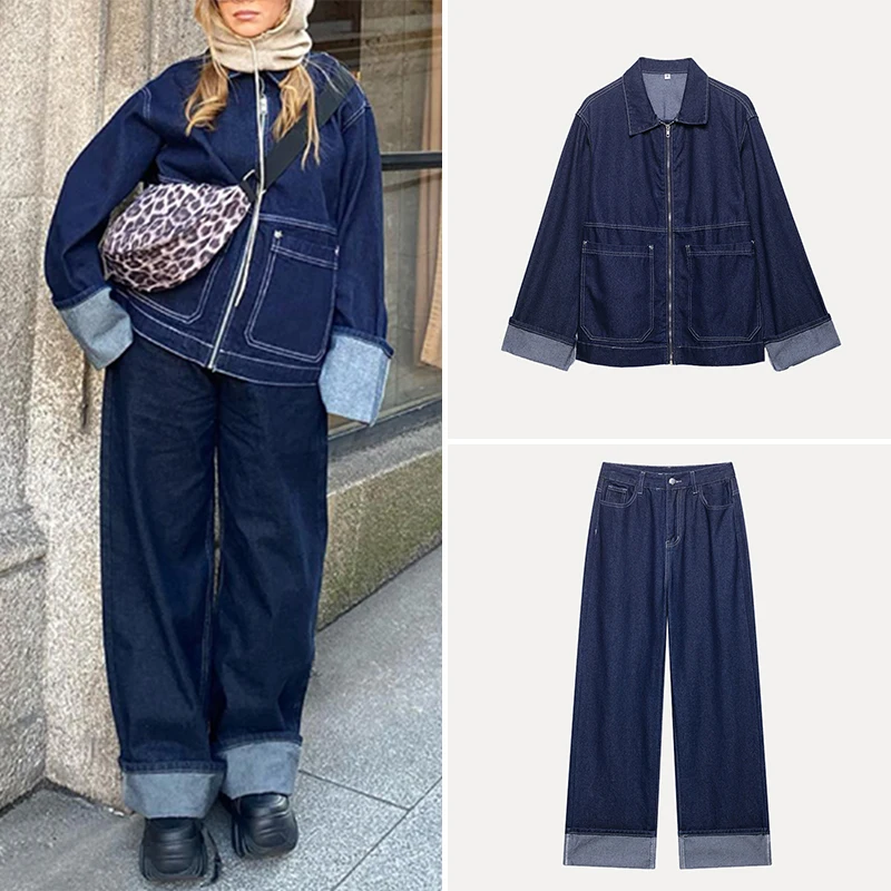 

2025 Summer New Women's Denim Jaet with ket And Rivet Design Sve Cuff Flip Cover Design Long Sve Zipper Collar