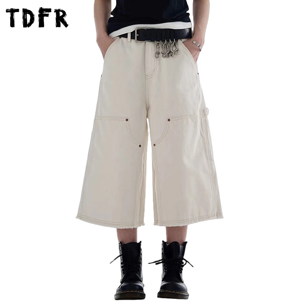 

Шорты-карго с необработанными краями, мужские летние уличные шорты в стиле ретро, свободные широкие брюки-карго с карманами, мужские шорты