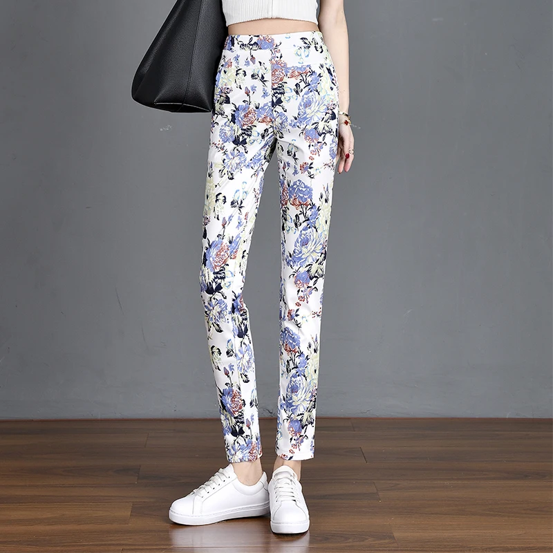 新しい春夏のファッション女性パンツスリムオールマッチ花プリントタイトなペンシルパンツ拡張ハイウエスト女性のズボン