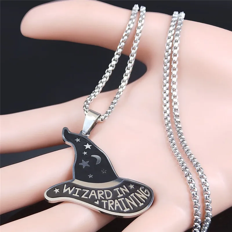 Witchcraft Moon Star Wizard Hat Stainless Steel Chain Necklaces Silver Color Necklace Pendants Women Jewelry bisuteria N890S06