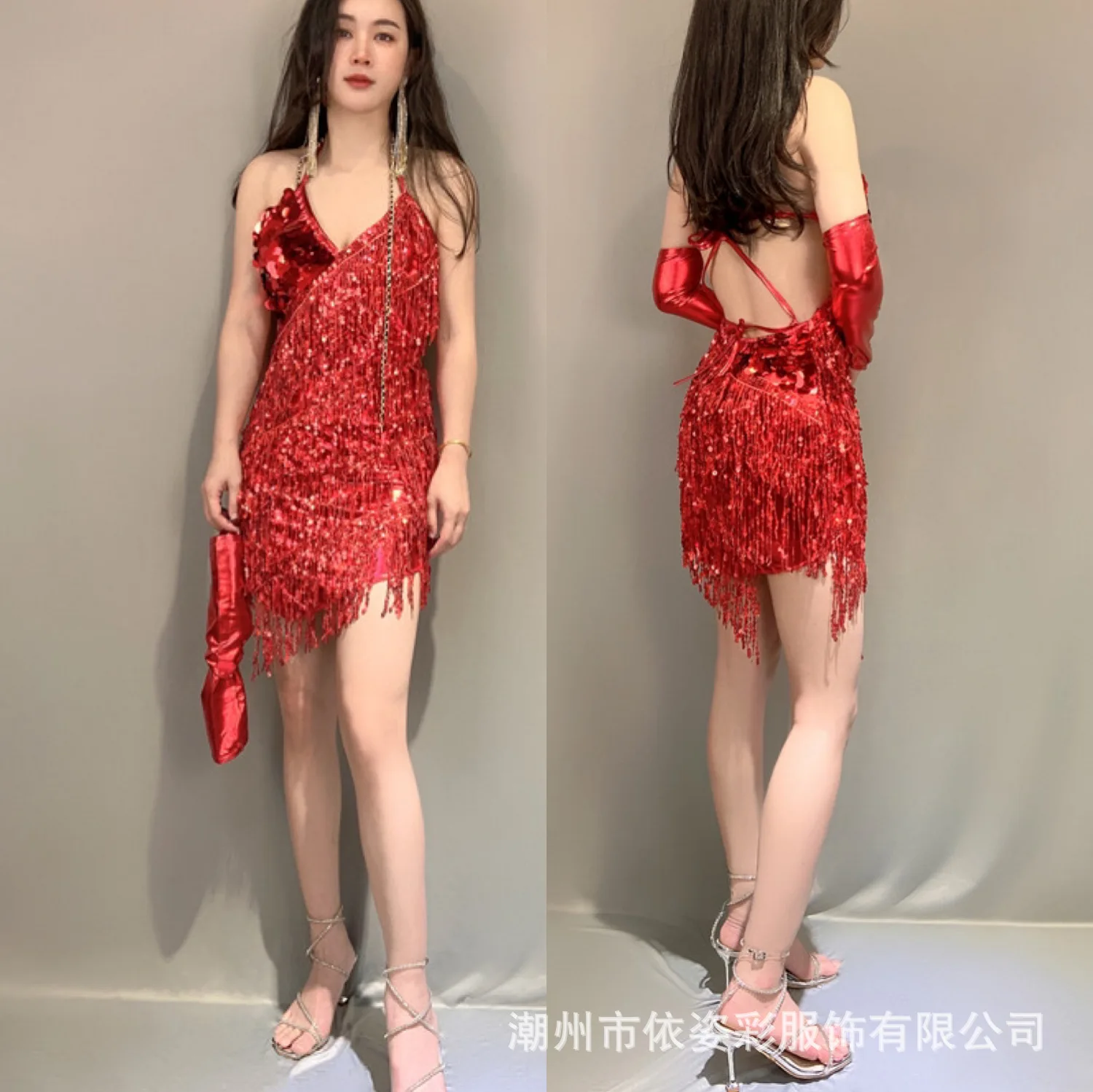 Fransenrock, lateinamerikanisches Kleid, Pailletten-Tanzanzug, Bühnenanzug, Pailletten-Neckholder, lateinamerikanisches Tanz-Wettbewerbskostüm 2025,