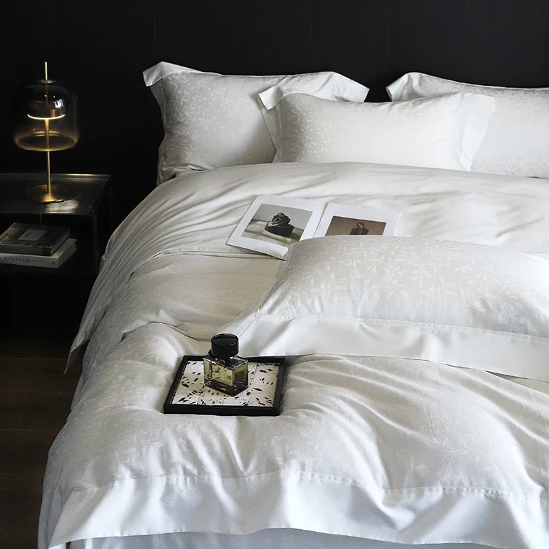 

1000TC Egyptian Cotton Satin Jacquard Bedding Set, Luxury Silky Soft Duvet Cover, Flat/Fitted Bed Sheet Pillowcases 4Pcs