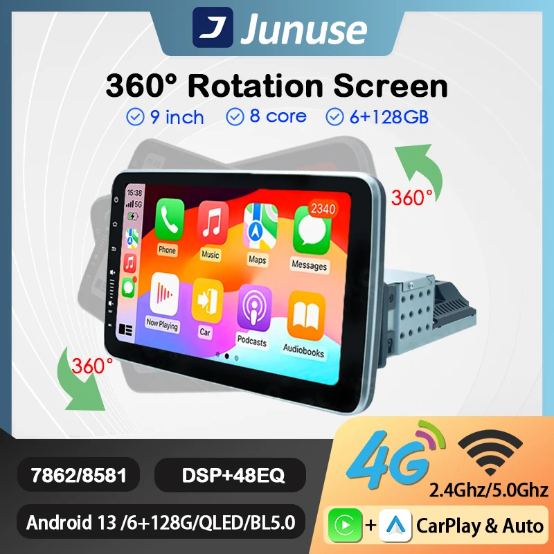 Junuse 9\'\' Universal 360° Rotation 1 Din Android 12 Radio GPS Video Multimedia Auto Player Carplay 4G Wifi Navigation Aududio BT