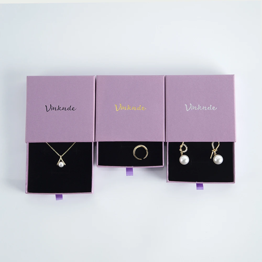 100 Pack Cardboard Drawer Display Jewelry Boxes Custom Logo 7x7x2.5cm Purple Thick Paper Pendants Earrings Necklaces Gift Box