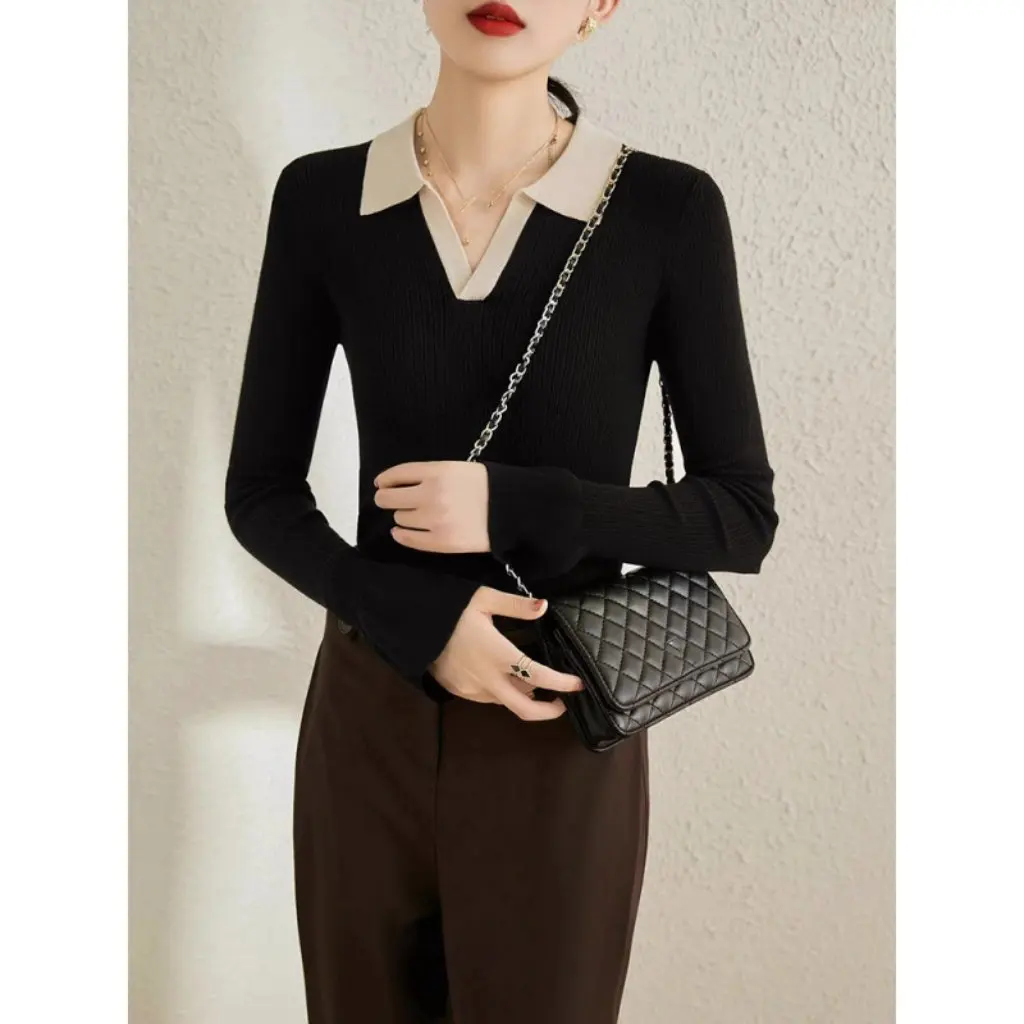 

Women's Retro Lapel Color-Block Knit Sweater Pullover Long-Sleeve Slimming Elegant Top Versatile Base Shirt for Autumn
