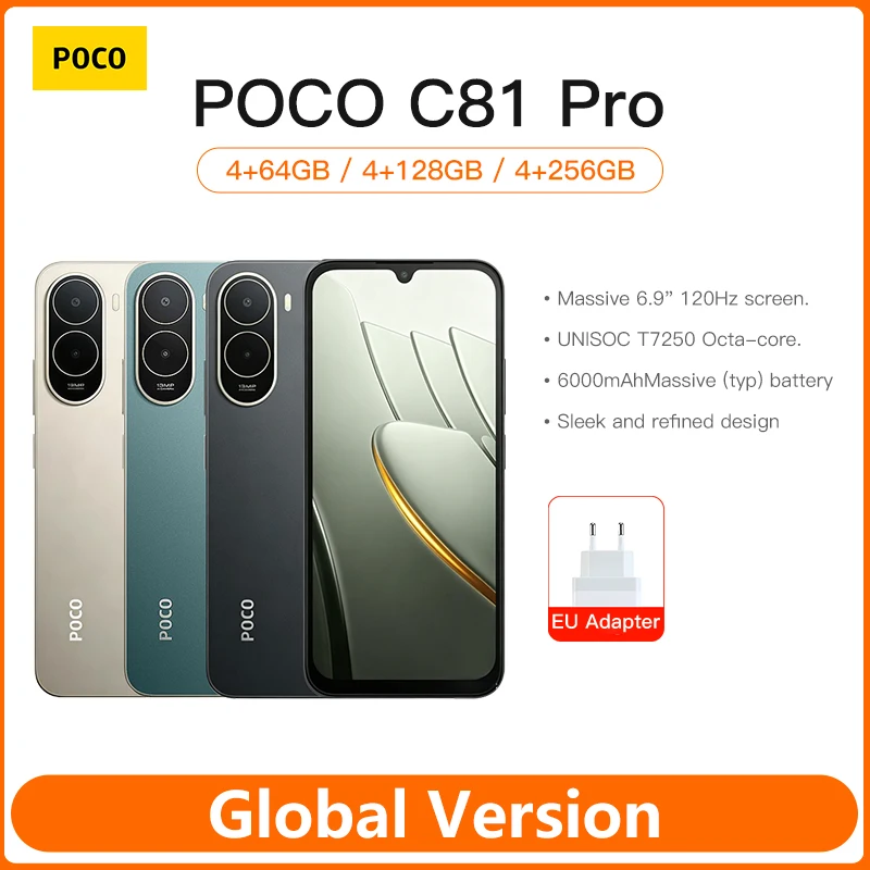 Smartphone POCO C81 Pro Global Version 6.9 inch 120Hz Display 6000mAh Battery UNISOC T7250 Octa core HyperOS 3 2026 Mobile Phone