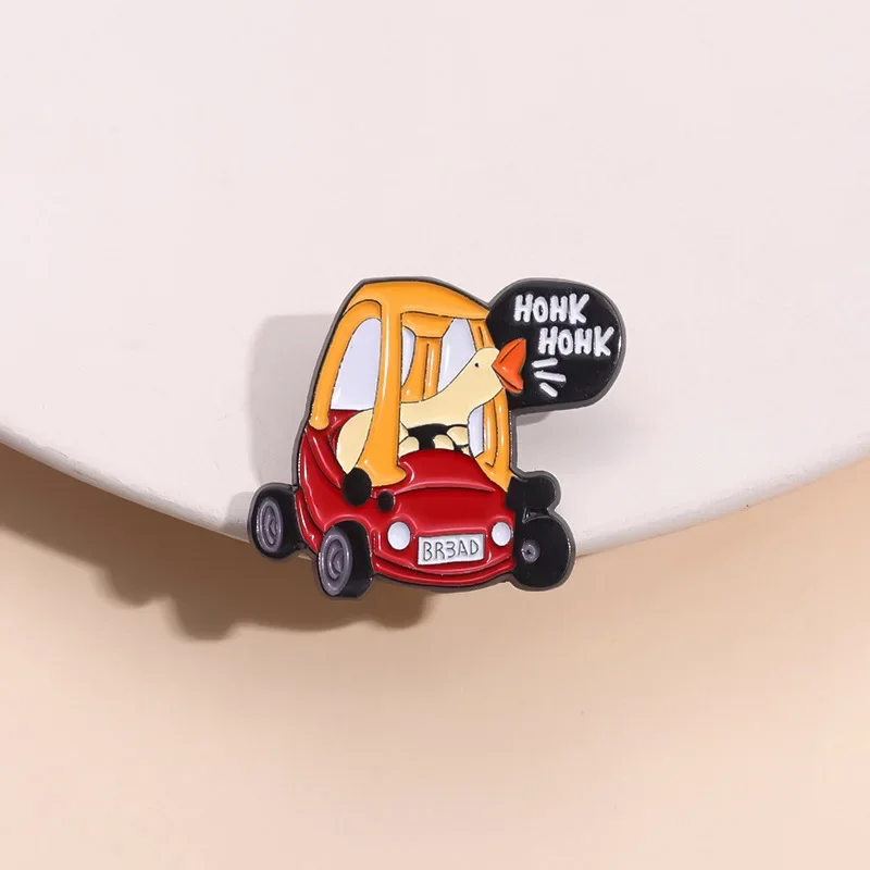 Creative Cartoon Cute Duck Drive A Car Brooch Goose Honk Enamel Pins for Backpack Bag Accessories Gifts