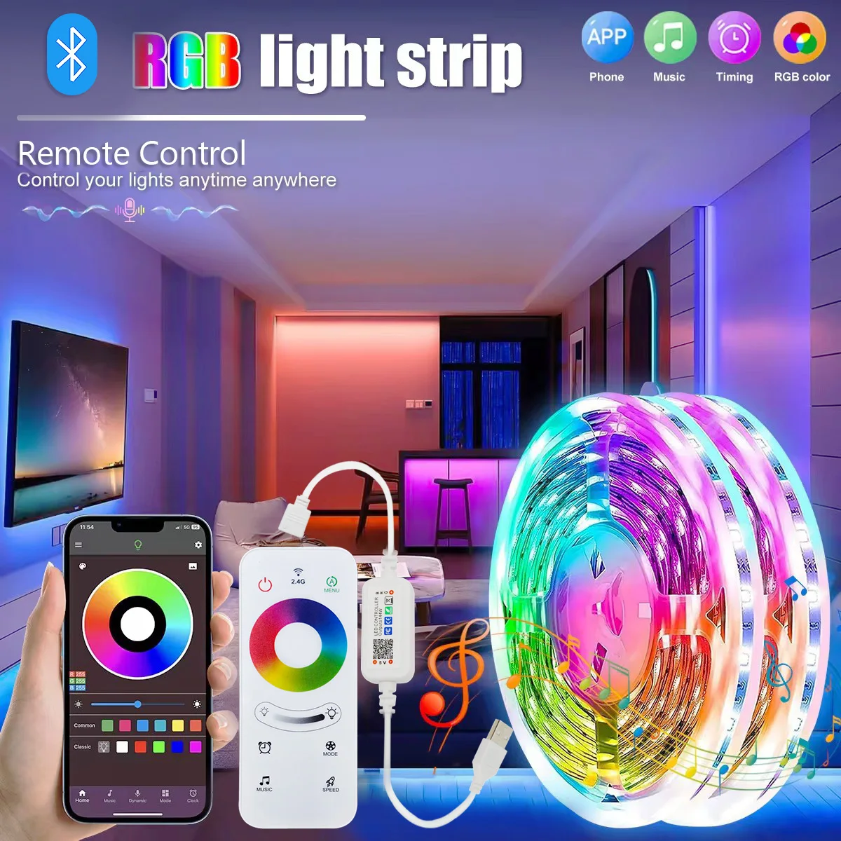 USB LED Strip Lights 5050 Bluetooth APP IR Remote Control RGB Flexible Lamp Tape for TV Backlight Party Festival Room Decoration