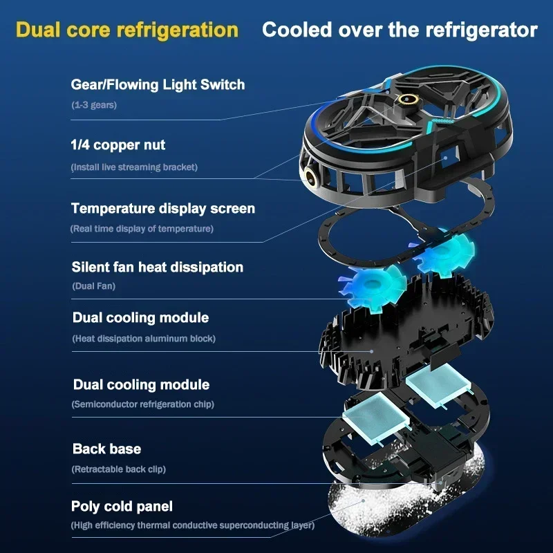 RS3 Mobile Phone Cooler Semiconductor Cooling Fan Radiator Dual Core 3 Gears Adjustable Heat Sink for IOS Android Live Streaming