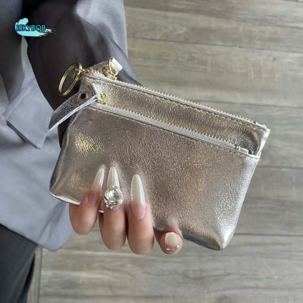

Portable Genuine Leather Silver Wallet Korean Style Solid Color Zipper Coin Purse Clutch Mini Small Item Bag Men