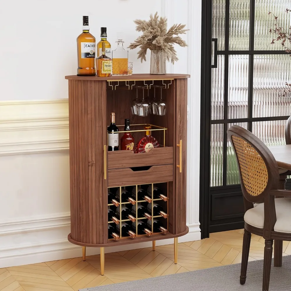 

Wine Bar Cabinet with Tambour Door, Wood Liquor Cabinet with 16 Wine Rack and Glass Holder, Coffee Bar Station for Home, Living