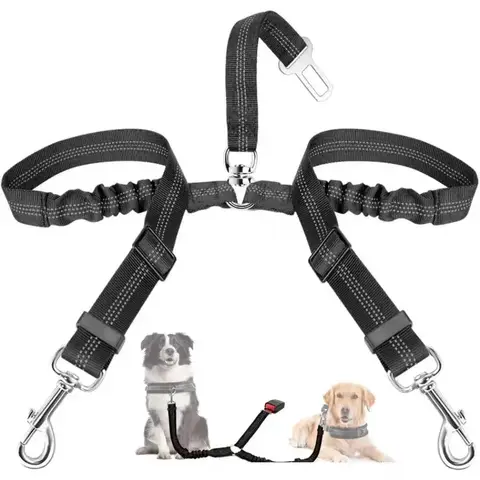 Dog Seat Belt,Double Dog Seatbelt Adjustable Vehicle Safety Leash with Elastic Bungee Buffer,Reflective No Tangle Y Shape Two