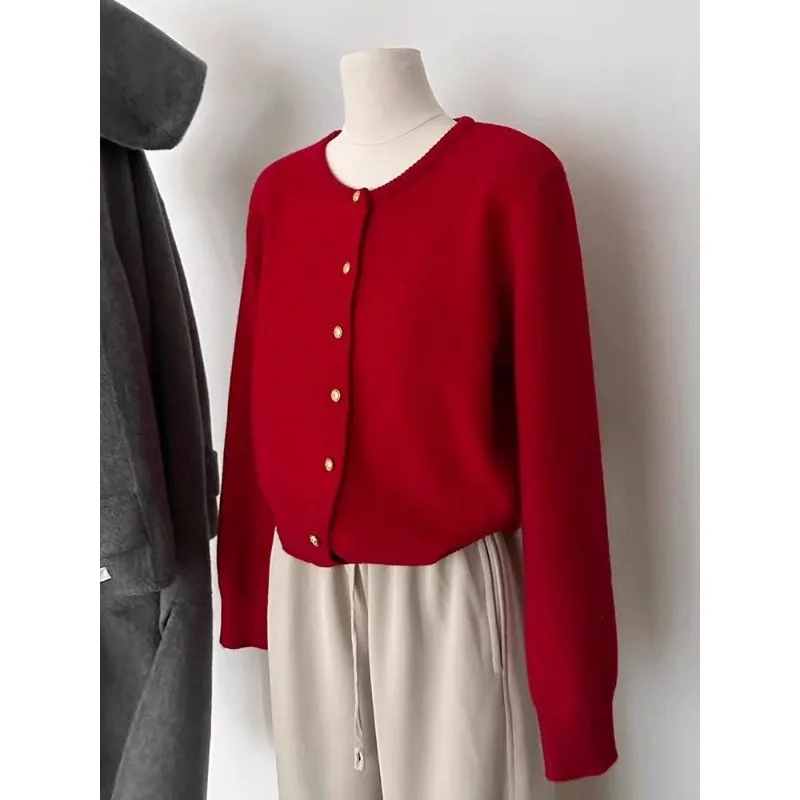 

Красный свитер для женщин, осенне-зимний вязаный кардиган в стиле ретро, топ с круглым вырезом
