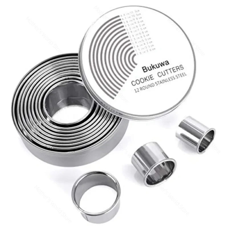 

12-Piece 304 Stainless Steel Cookie Biscuit Cutter Set, Round Pastry Donut Doughnut Cutter Mold Rings Set Baking Tools