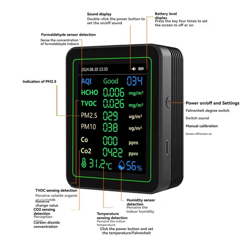 

N04R Air Quality Detector 12 In 1 Air Quality Tester Temperature/Humidity /Time/CO/CO2/Curve/TVOC/AQI/PM2.5/PM10