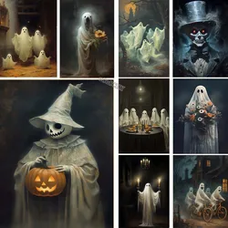Halloween Mural Ghost with Pumpkin,flowers Portrait Posters Canvas Prints Painting Gothic Painting Haunted House, Dark Academia