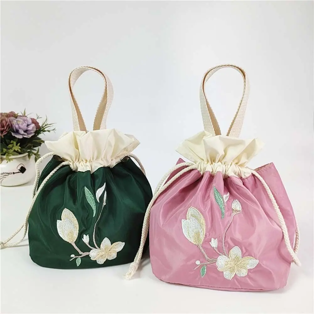 

Satin Silk Embroidery Flower Handbag Mommy Bag Ruffle Hanfu Drawstrings Bag Korean Style Ethnic Style Floral Bucket Bag Outdoor