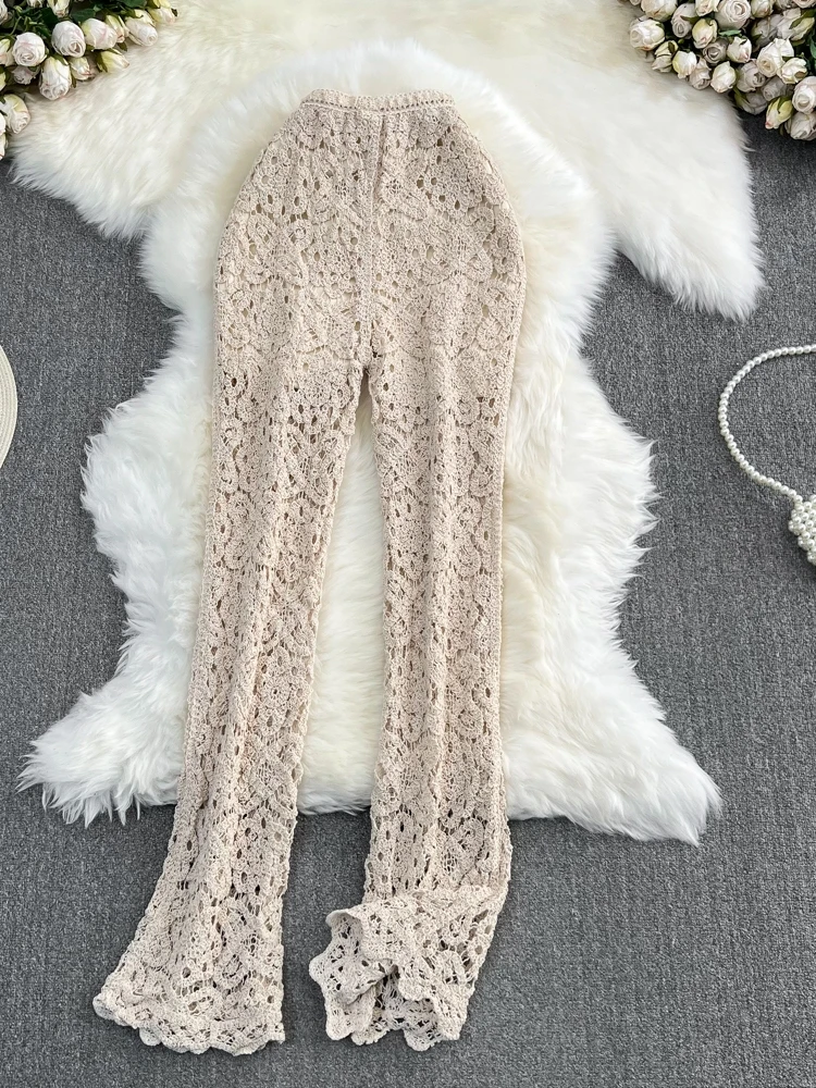 Pantaloni svasati scavati lavorati a maglia a vita alta Beach Vaion Pantaloni lunghi casual estivi coreani Sle Effetto dimagrante