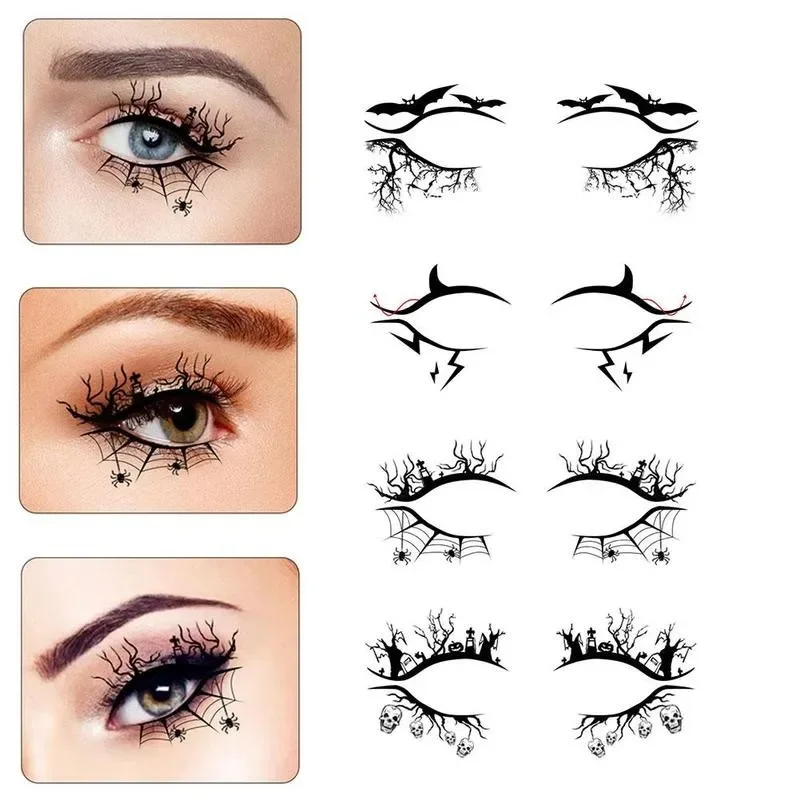 

4/8pcs/set Eye Makeup Stickers Temporary Tattoos Sticker for Women Halloween Party Bat Spider Face Waterproof Fake Tatto Eye Art