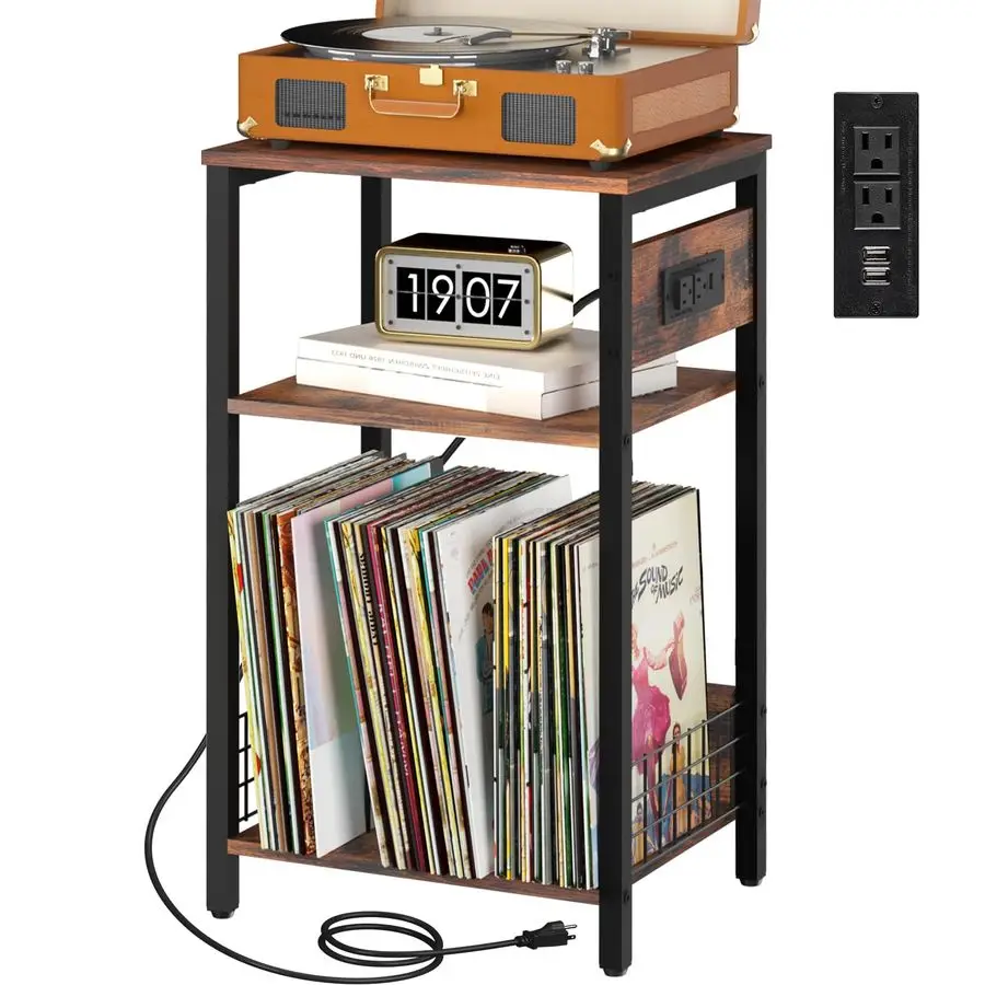 

Record Player Stand, 3Tier White Side Table with Charging Station, Small End Table Record Holder with Vinyl Storage, Beside Tabl