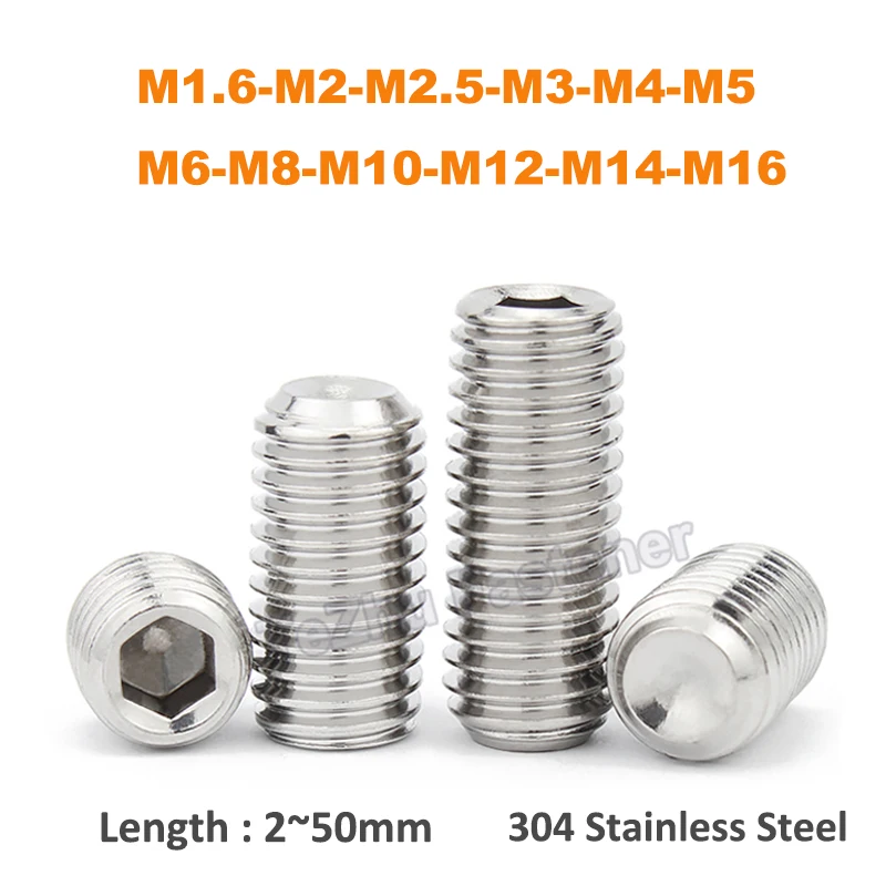 

DIN916 304 Stainless Steel Hex Socket Set Screws M1.6 M2 M2.5 M3 M4 M5 M6 M8 M10 M12 M14 M16 Headless Allen Cup Point Grub Screw