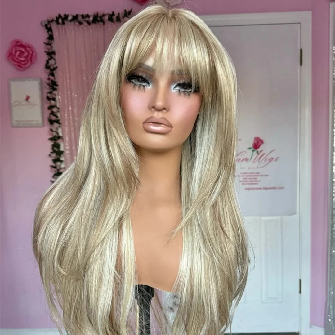 شعر مستعار نسائي 26 بوصة شعر مستعار أشقر فاتح مع طبقة الانفجارات موجة طبيعية الاصطناعية الدانتيل الباروكات رقيق اليومية حفلة تأثيري المستخدمة #1