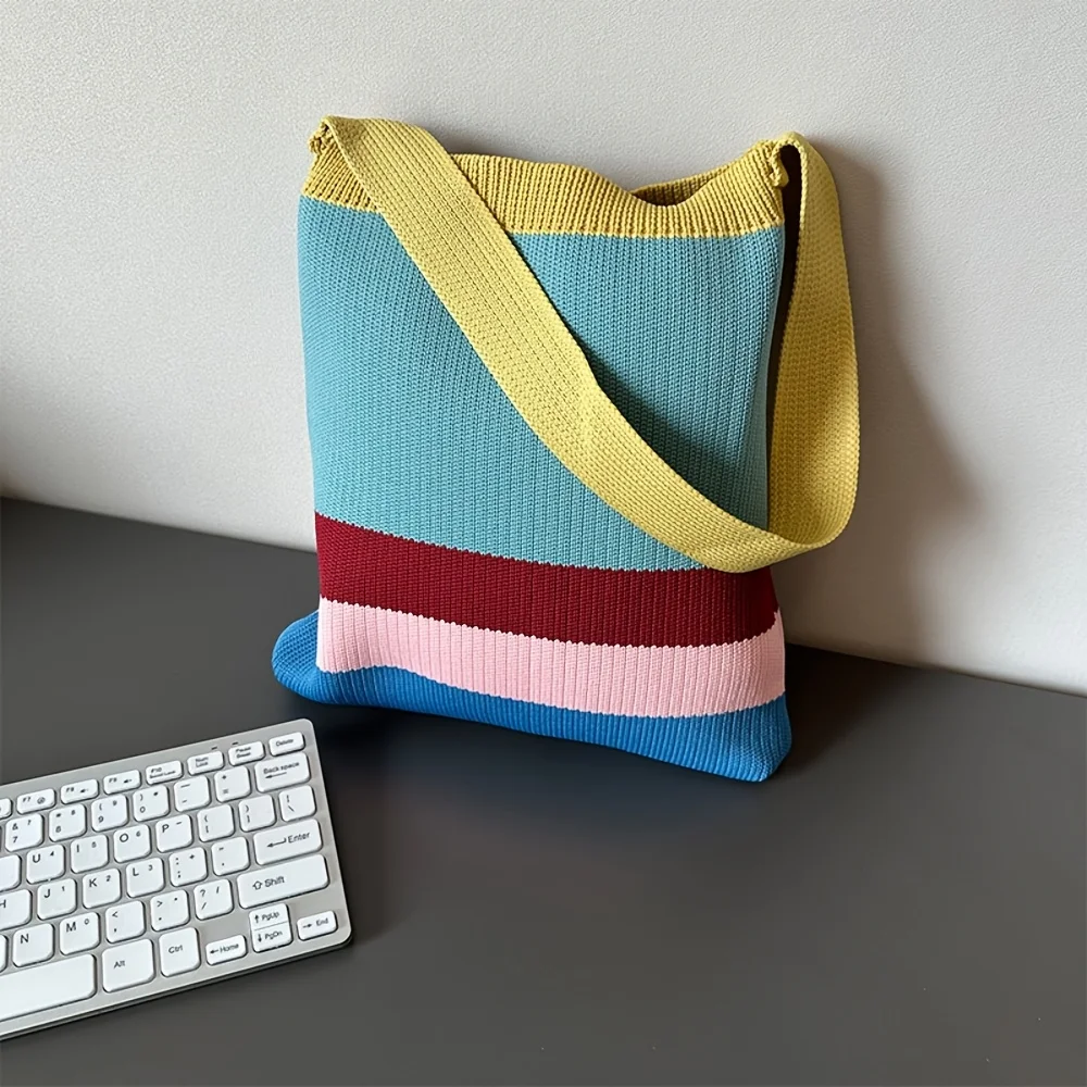 Neue Regenbogenfarbene Stricktasche im koreanischen Stil, einfache und vielseitige gestreifte Handtasche, Schultertasche, große Kapazität, Damentasche – Detail 7