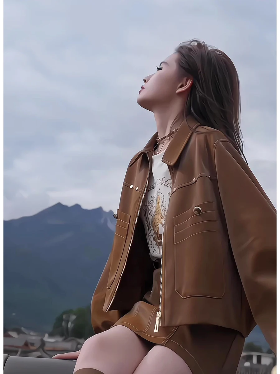 

Velvet Texture PU Leather Jacket And A-Line Skirt Set Women's Fashion Short Outerwear Autumn 2024 Collection