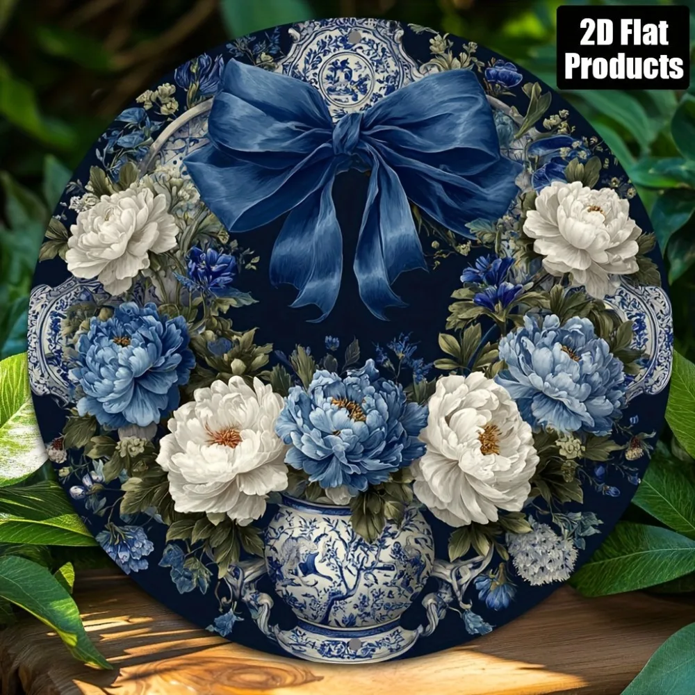 Rundes Aluminium-Metallschild mit Schleifen- und Blumenmotiv, 20x20 cm Rustikale Wanddekoration für Zuhause, Café, Büro, Halloween, Weihnachten, Feiertage