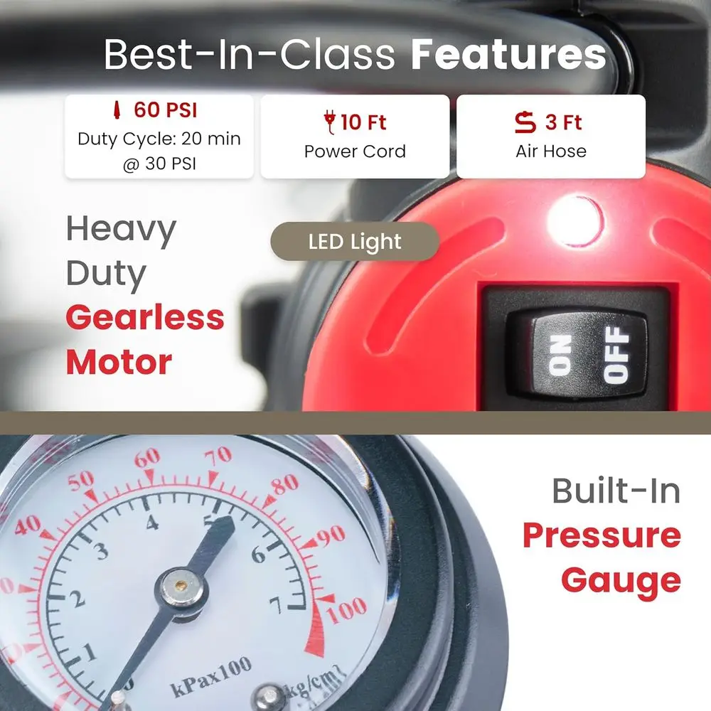 자동차, 트럭 및 SUV용 휴대용 12V 고성능 에어 컴프레서, 60 PSI, 시가잭 및 트위스트 척 포함