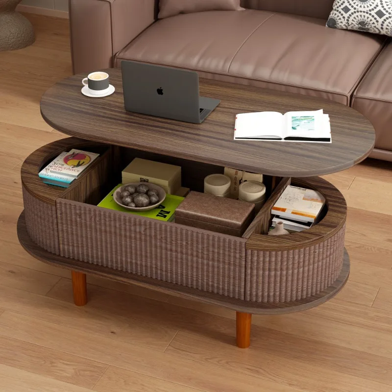 

Oval Wood Coffee Table with Woven Storage Compartment Modern Living Room Center Table Home Furniture