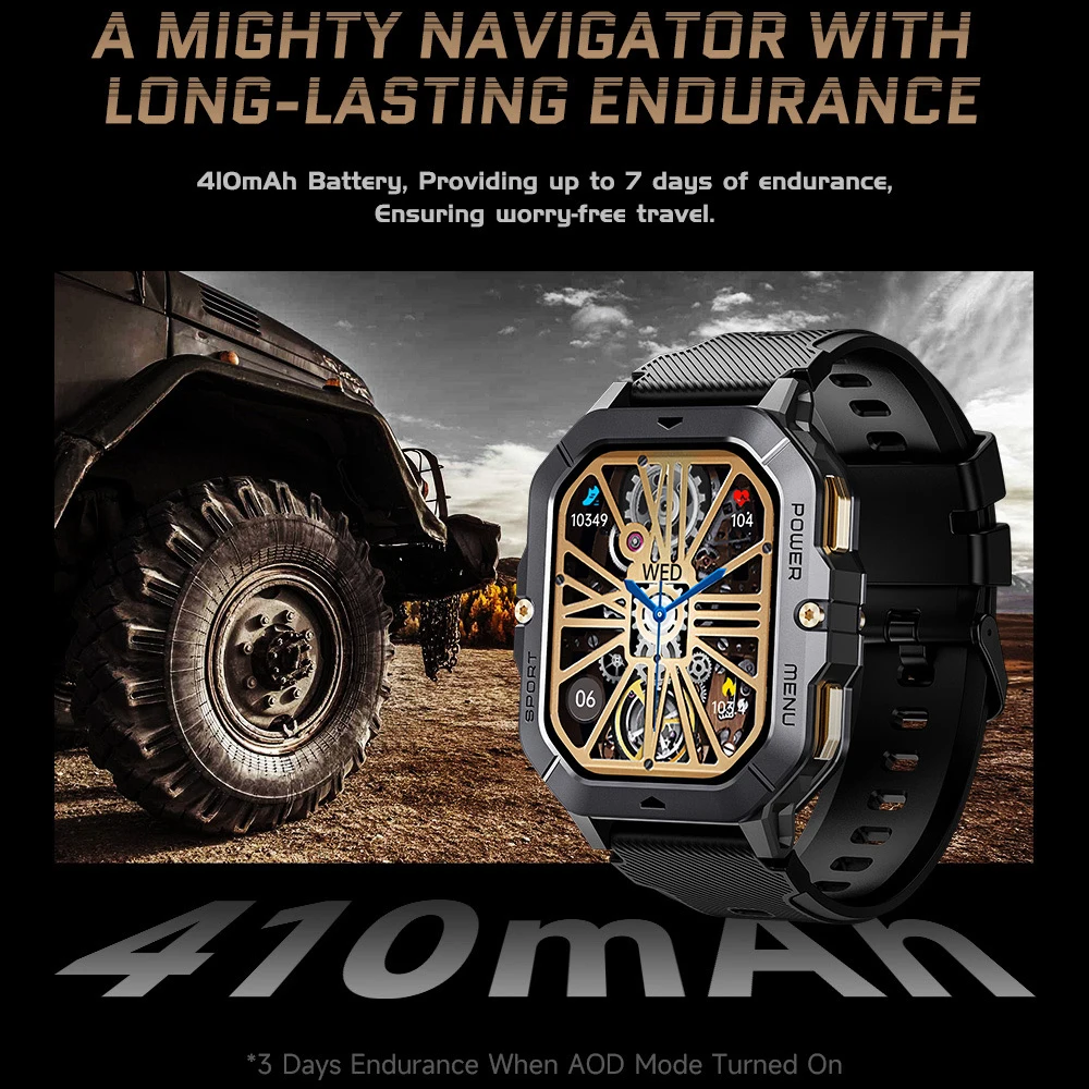

Smartwatch Outdoor Military 1ATM Waterproof Smart Watches Men 410mAh Heart Rate Bluetooth Call Sports Fitness Voice Assistant