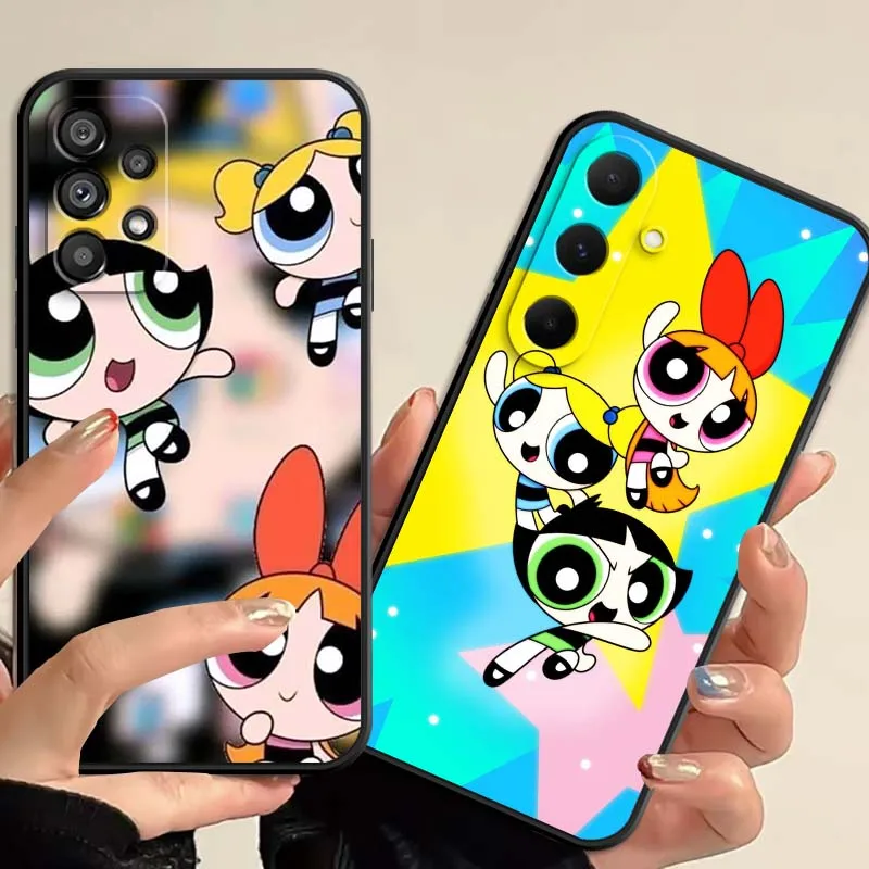CuteThe P-Powerpuff G-Girls لسامسونج A73 A72 A71 A55 A54 A53 A52 A51 A13 A22 A16 A15 A05s A14 A05 A06 5G حافظة هاتف سوداء