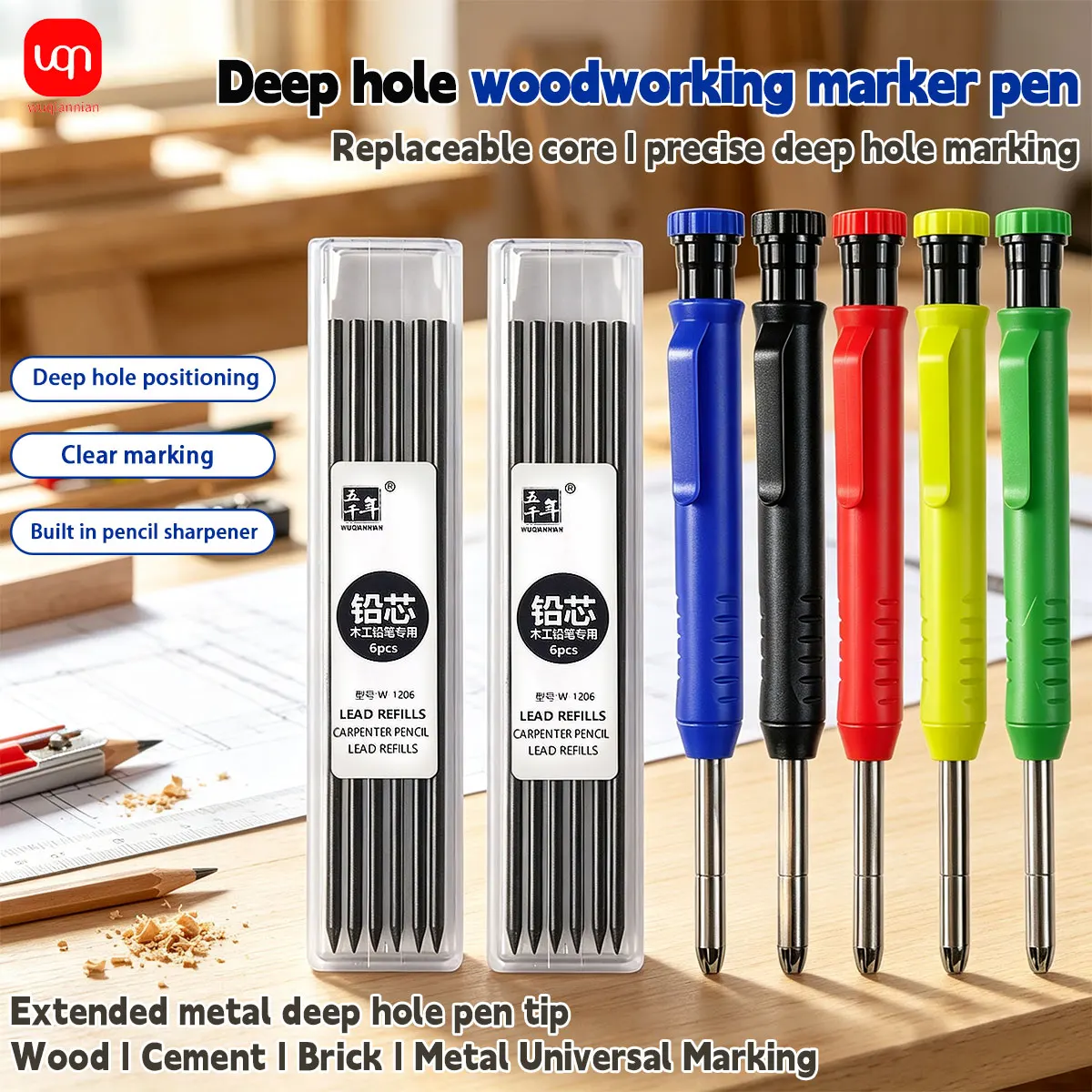 Deep Hole Woodworking Carpenter Pencil with Built-in Sharpener, Mechanical Marking Scribe Tool