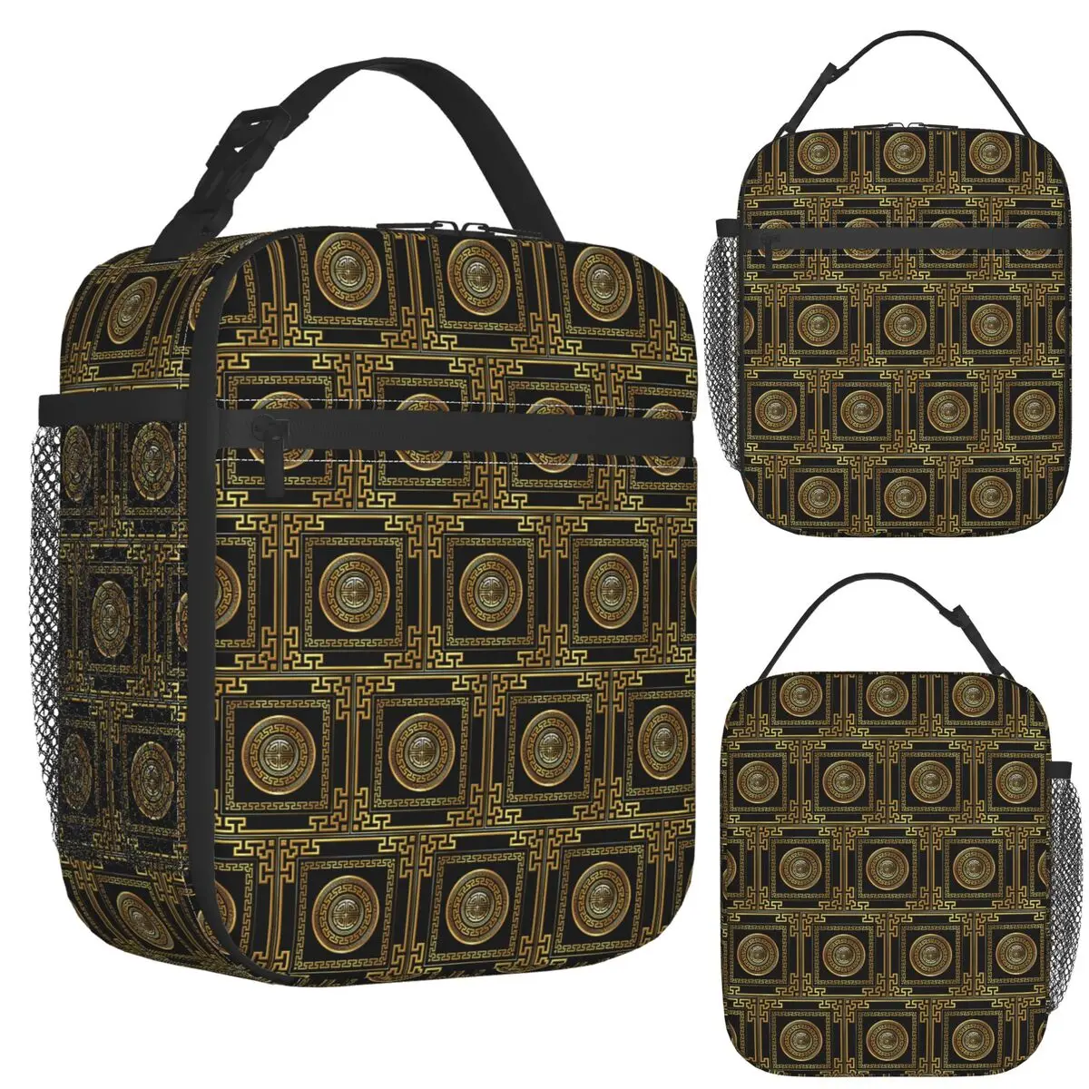 

Greek Key Meander Black Gold Large Insulated Lunch Bag for Women Picnic Storage Food Boxes Container Thermal Lunch Box Tote