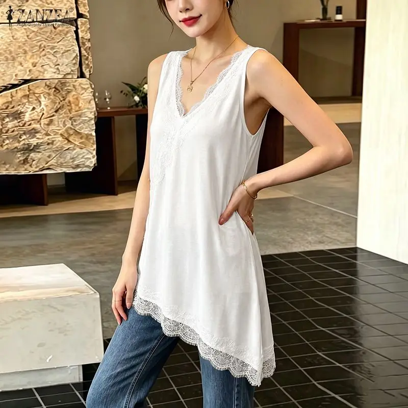 ZANZEA Women Tank Top V Neck Sleeveless Camis Lace Asymmetrical Hem French Tees Summer Blusas Casual Solid Color Blouse