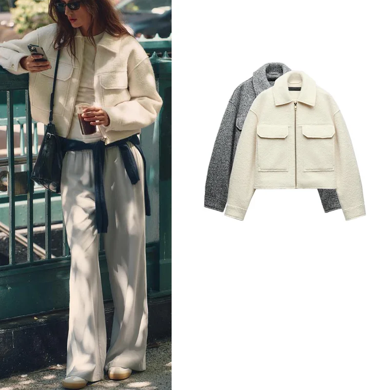 

Spring New Arrival Loose Fit Zipper Collar Pearl Woolen ort Jaet Outerwear Long Sve Commute Sle Polyester Fiber
