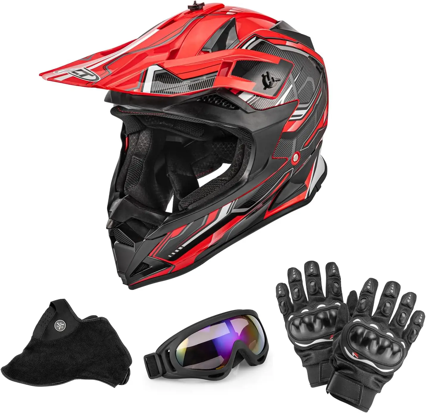 Adult Motocross Dirt Bike Helmet with Goggle, Gloves & Mask Dirt Bike ATV Helmet for Unisex-Adult Men Women Adjustable Sun Visor