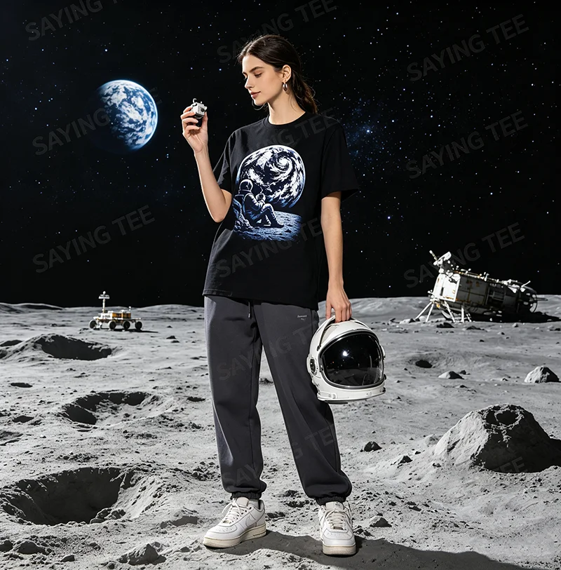 Lustiges T-Shirt mit Astronauten auf dem Mond, der Kaffee trinkt, Y2k, Astronomie, Wissenschaftsliebhaber, Grafik-T-Shirt, Herrenmode, Kleidung aus Baumwolle – Detail 5