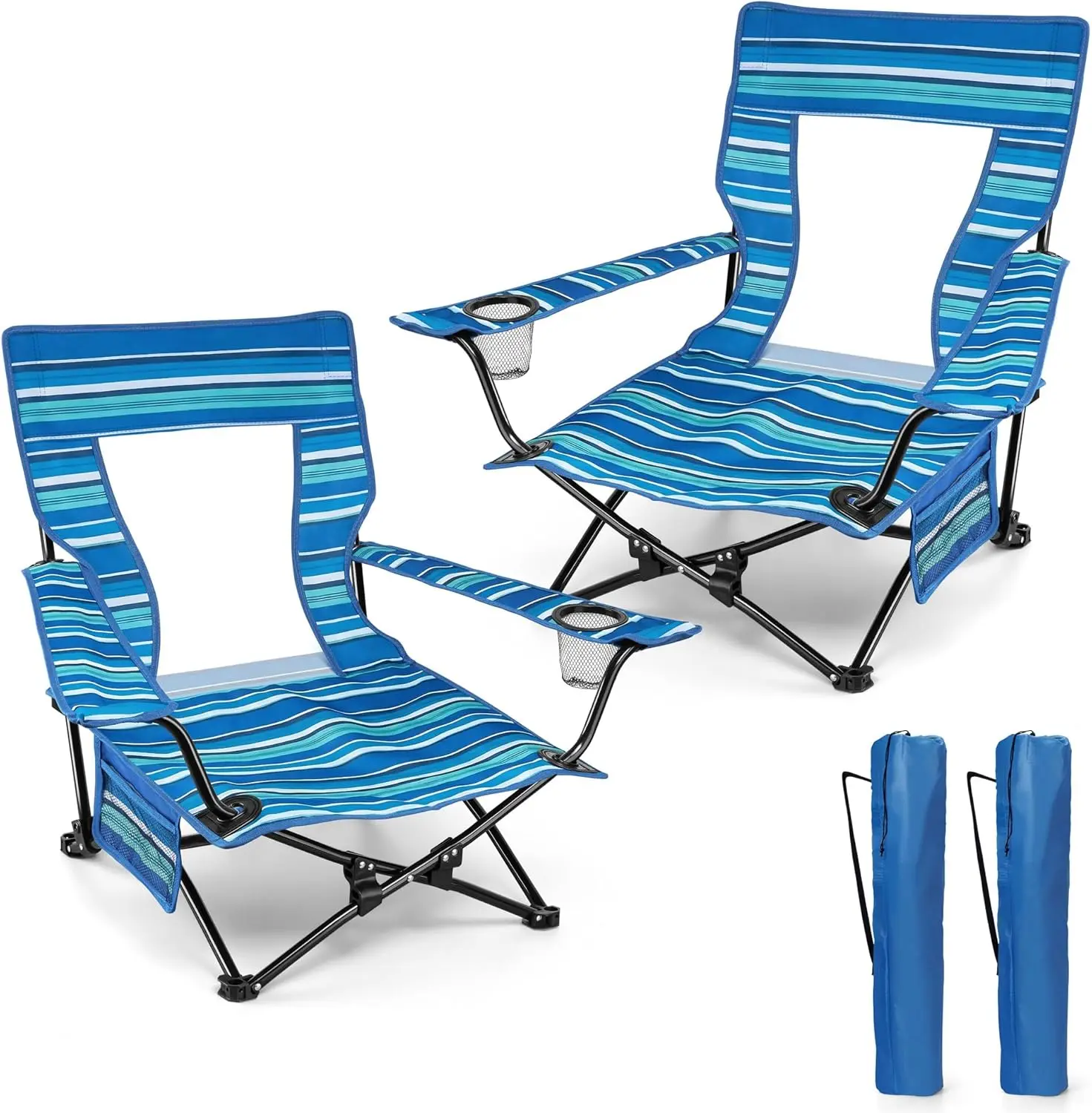 

Folding Beach Chair Set of 2, Foldable Striped Camping Chairs for Adults, Low Portable Outdoor Chairs with Cup Holder & Storage