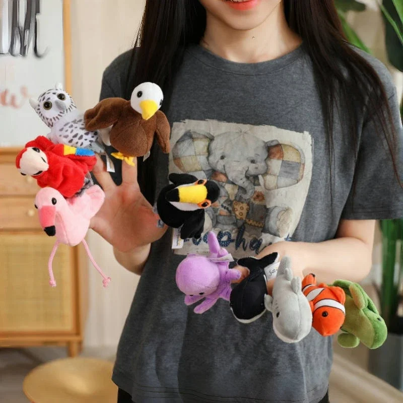 Mini marionetas de dedo de 9CM, juguetes educativos para niños, pájaros de dibujos animados de mano, animales marinos, muñeco de peluche, marionetas de mano, regalos de historia