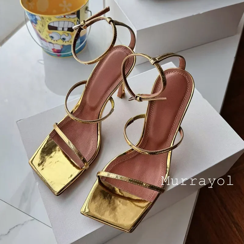 여성용 스퀘어 토 얇은 힐 샌들, 원 스트랩, 정품 가죽, 섹시 샌들, 여름 파티 원피스 슈즈, 웨딩 슈즈 펌프스, 신상