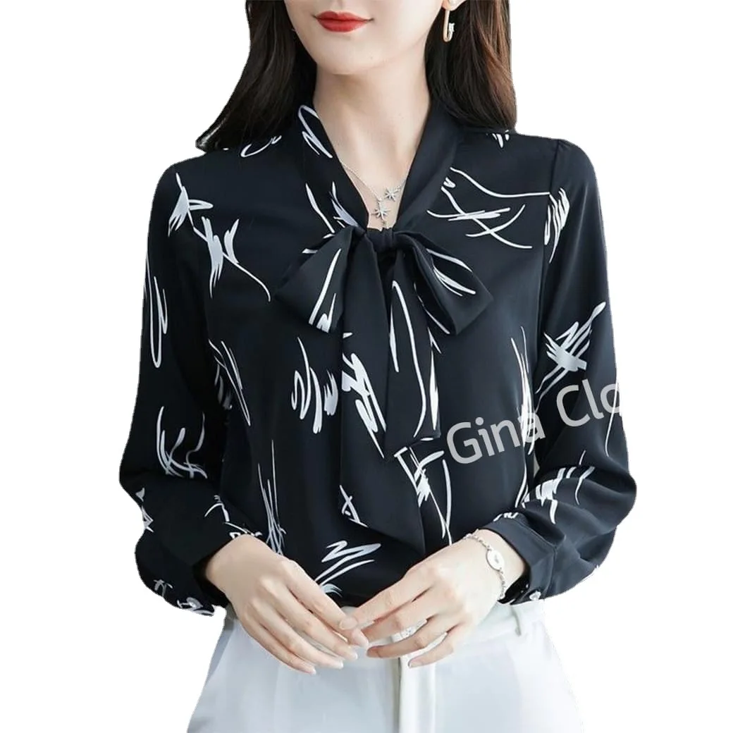 

2025 New Women's Printed Bow Top Long Sleeve Shirt Women's Fashion Casual Commuting Office Professional Women's Wear