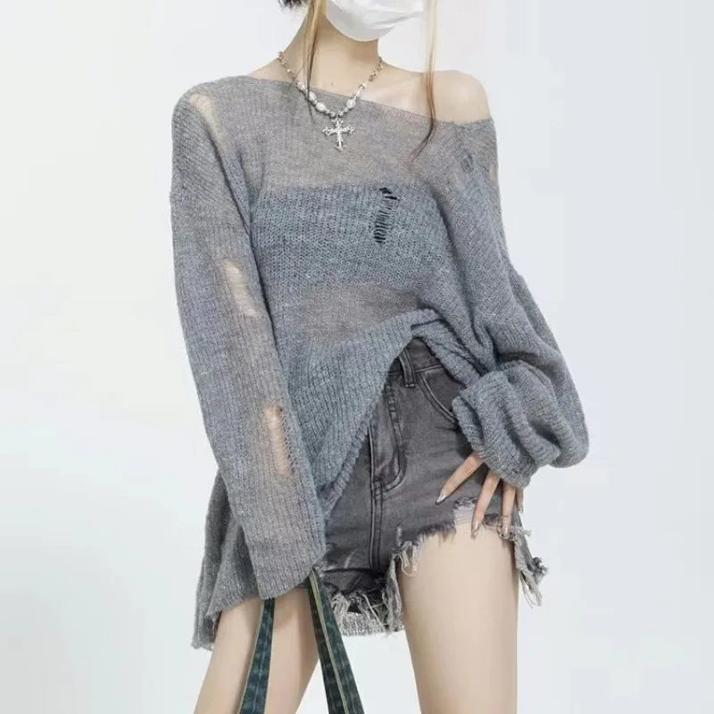 Pullovers Women Slash Neck Ripped Knitted Sweater Long-sleeved Loose Fit See-through All-match Trendy Ulzzang Sun-proof Summer