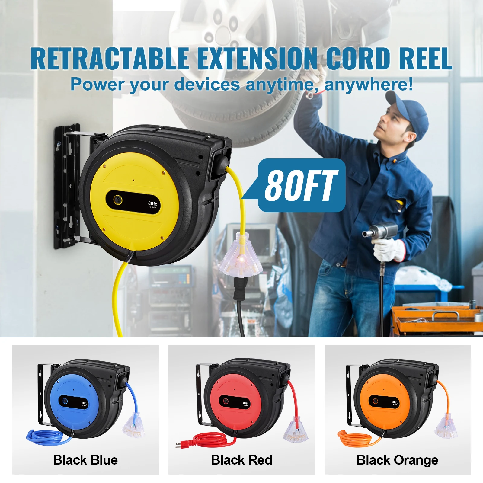 Retractable Extension Cord Reel, 80 FT, Heavy-Duty 12AWG/3C SJTOW Retractable Power Cord with Lighted Triple Tap Outlet, 15 Amp Circuit Breaker 180 °   Swivel Bracket for Ceiling or Wall Mount