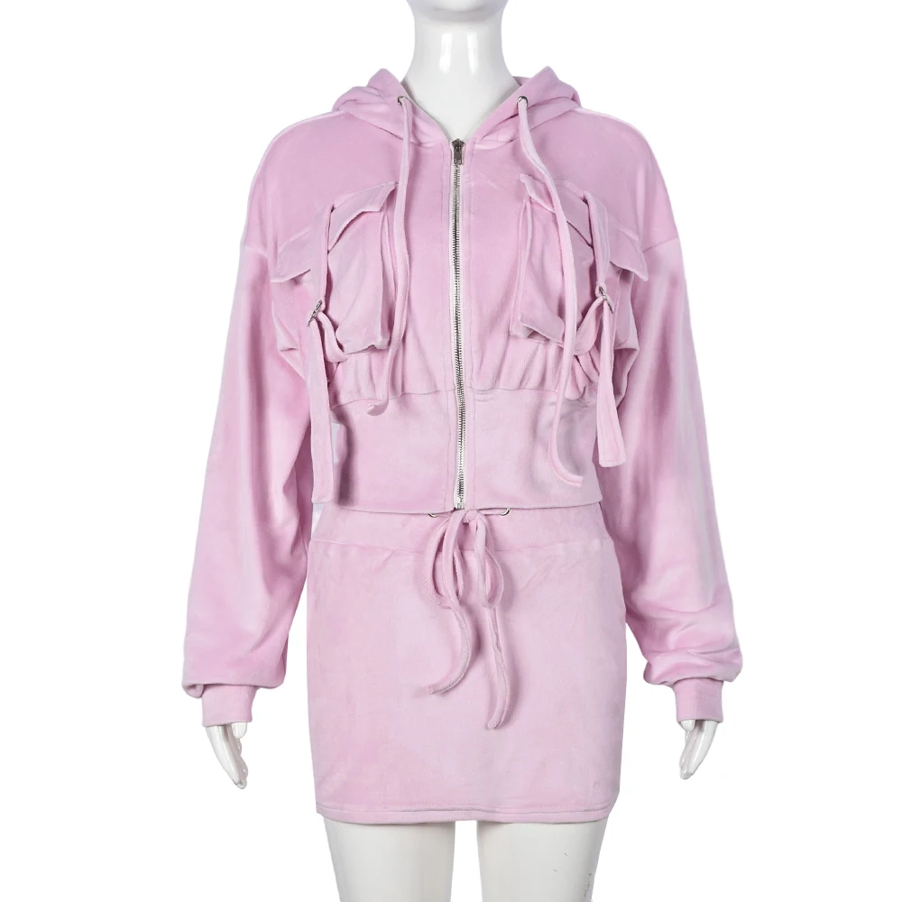 Two Piece Set Women Velvet Pink Tracksuits Sexy Long Sleeve Slim Hooded Jackets Sweatshirt+High Waist Drawstring Mini Skirt