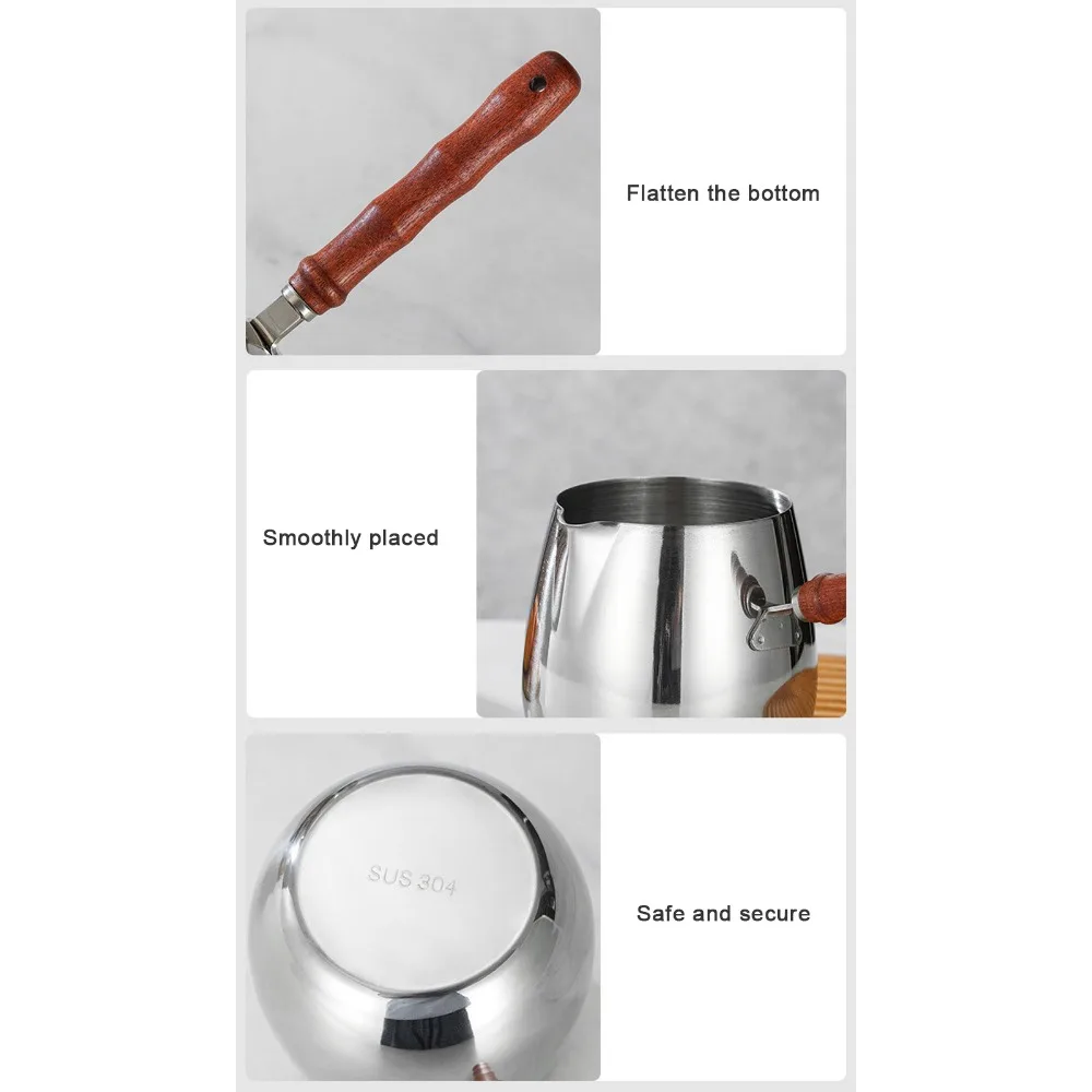 

300/420/600 ML Milk Warmer Pot Wooden Handle Stainless Steel Butter Warmer Pan Pointed Spout Milk Frothing Pitcher